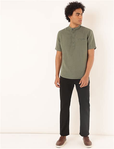 Buy Linen Mix Plain Mandarin Collar Shirt at Marks & Spencer
