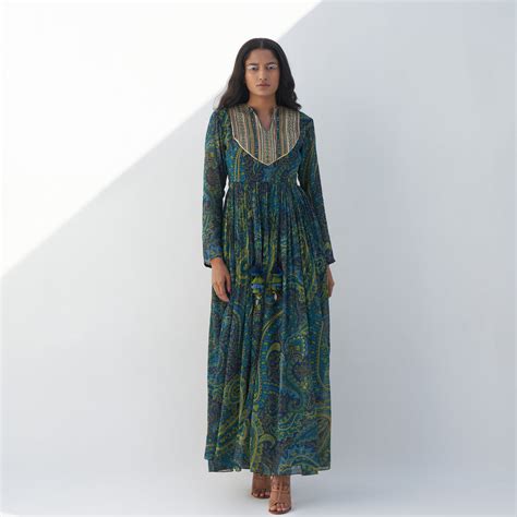 Buy Women's Blue & Green Printed Maxi Dress | Nadima Saqib
