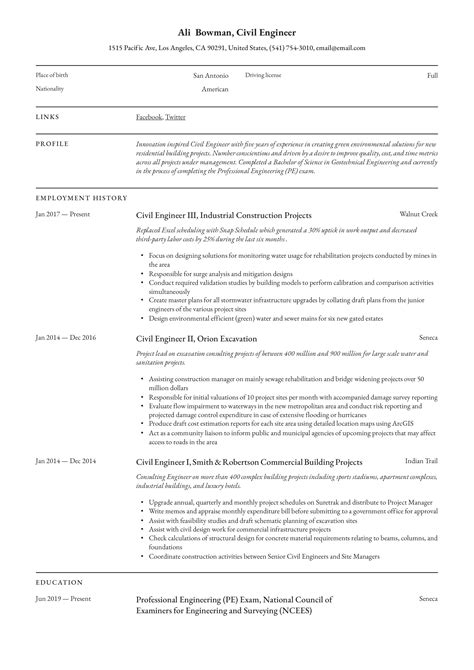 Civil Engineer Resume Example 的图像结果