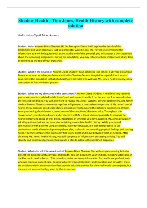 Shadow Health - Tina Jones, Health History with complete solution - Q&A ...