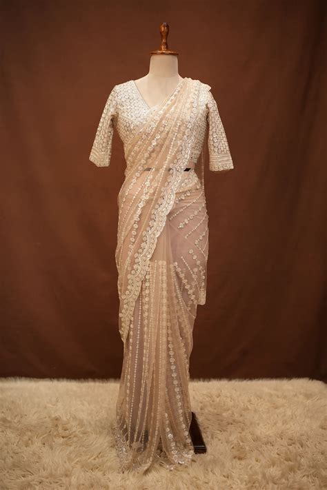Stitch Blouse Saree With Sequence Pearl And Thareds Work (With Dupatta ...