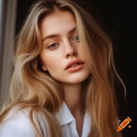 Beautiful blonde woman with long wavy hair wearing a white shirt on Craiyon