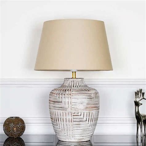 CUMBERLAND natural carved wood table lamp With Beige Cotton Shade ...