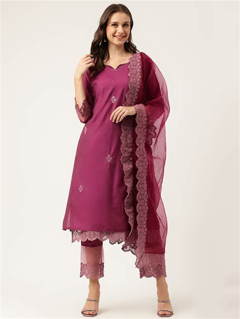 Divena Solid Purple Chanderi Embroidered Kurta with Inner Trouser Inne ...