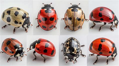 Six different types of ladybugs with red black yellow and brown ...