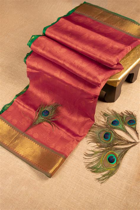 Coral Vermillion and Emerald Green Cotton Silk Saree with Peacock ...