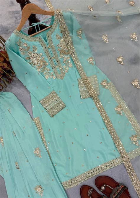 Sky Blue Designer Pure Natural Crepe Embroidered Co-Ord Set