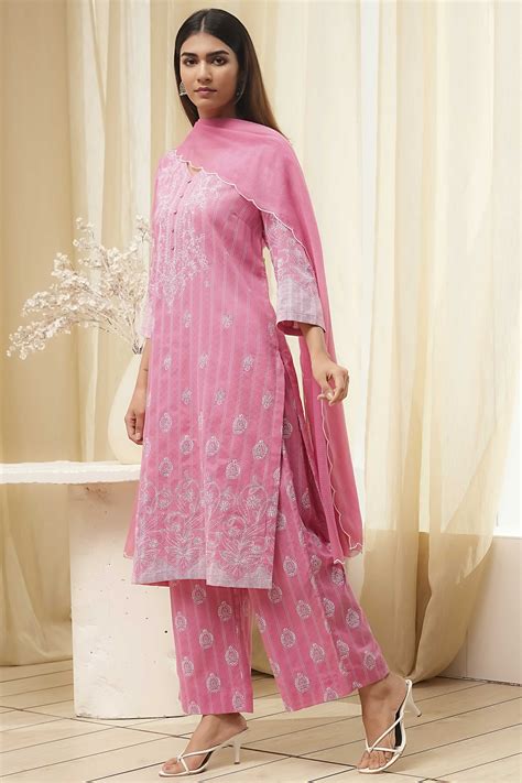 Buy Pink Pure Cotton Printed Straight Suit Set Online at Biba India