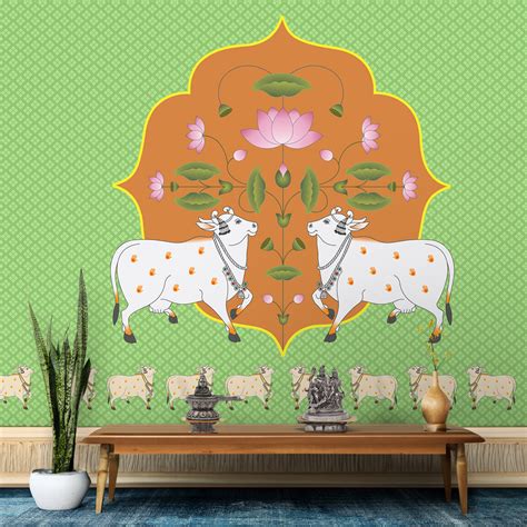 Vibrant Cow Pichwai: Spiritual Pooja Room Wallpaper | Life n Colors