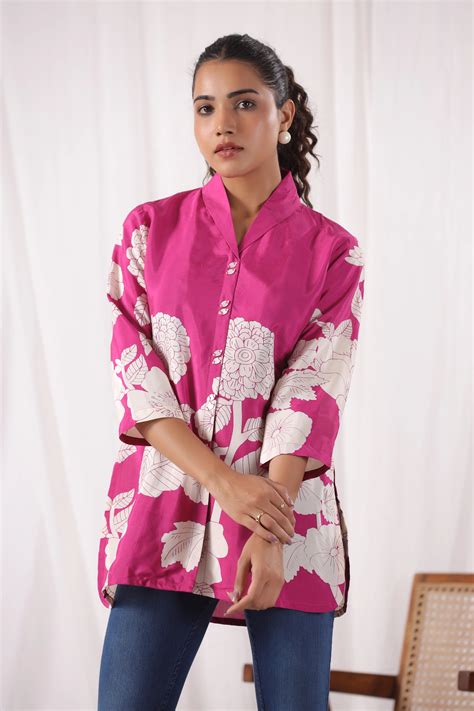Fuchsia Pink & Cream Bold Floral Russian Silk Top – Kaftanize