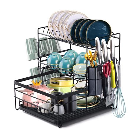 Buy Suertree Dish Drainer Drying Rack with Drip Tray 3 Tier Large ...