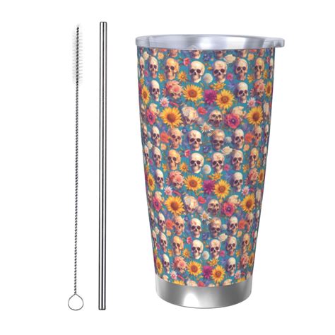 Fotbe Skull sunflower daisy Pattern 20 oz Tumbler Stainless Steel Vacuum Insulated Coffee Ice ...