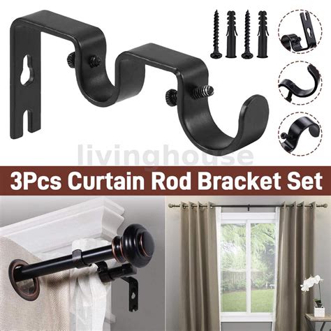 3Pcs Adjustable Curtain Rod Wall Bracket Hooks Double Curtain Rod ...