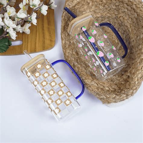 Set-2 Printed Glass Cup With Bamboo Lid & Reusable Straw – Memories Insite