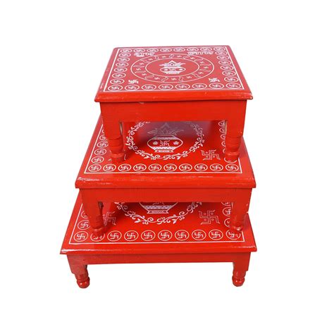 Epraiser 3 PCS COMBO Red Painted Wooden Pooja Chowki Puja Table Patla ...