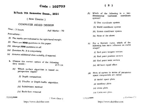 BTech 7th Sem CAD Exam 102703 Questions & Marks Guide 2021 - Studocu