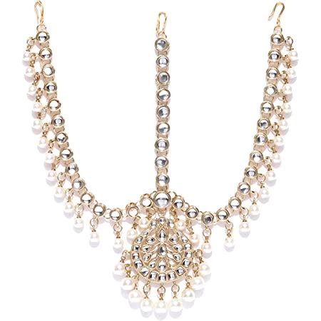 Buy I Jewels Gold Plated Traditional Kundan & Pearl Matha Patti/Maang ...
