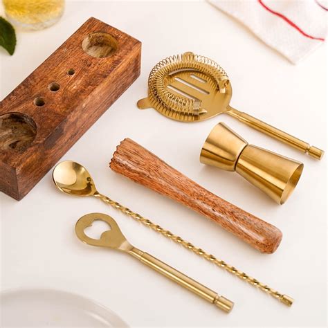 Premium Bar Tool Set Of 5 With Wooden Base Stand Online - Premium Bar ...