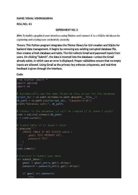 Experiment 5: GUI with Tkinter & SQLite for User Credentials - Studocu