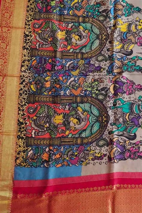 Stunning Multicolor Kalamkari Silk Dupatta with Kanjeevaram Border
