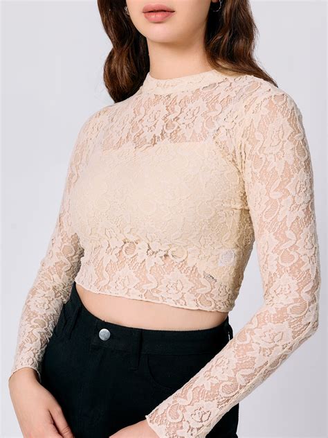 Shop Beige Full Sleeve Fitted Lace Crop Top - for Women | OUTZIDR | Gen ...