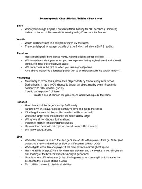 Phasmophobia Ghost Abilities Cheat Sheet | PDF | Ghosts | Legendary ...