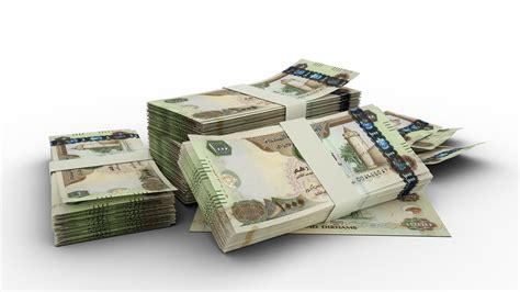 3d rendering of Stack of 1000 United Arab Emirates dirham notes. Few bundles of United Arab ...