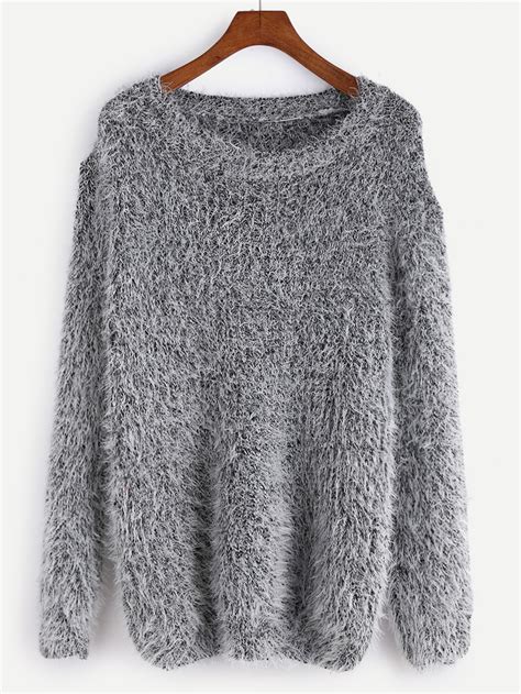 Grey Drop Shoulder Fuzzy Sweater -SheIn(Sheinside)