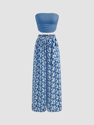 Buy Cider Strapless Solid Ruched Crop Top & Mid Rise Floral Knotted ...
