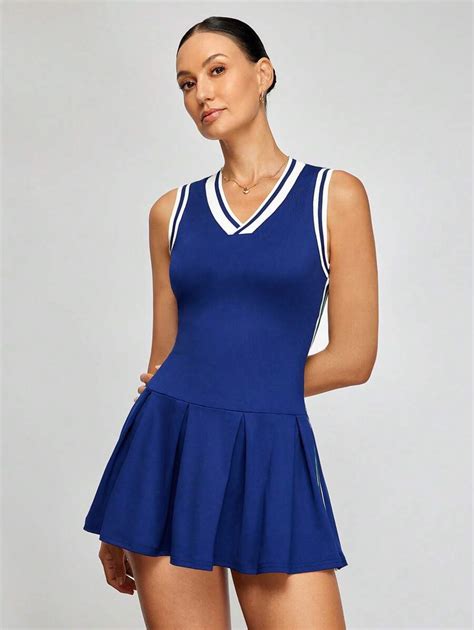 Activina Women Striped V-Neck Pleated Short Casual Sleeveless Sports ...