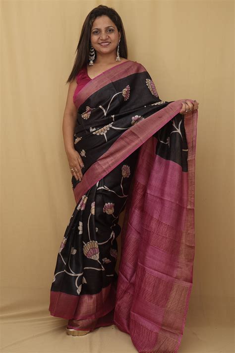 Hand Painted Exquisite Black Kalamkari Tussar Silk Saree