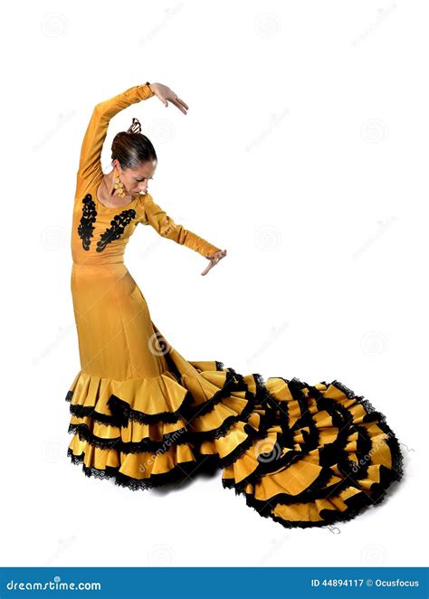 Young Spanish Woman Dancing Flamenco in Typical Folk Tailed Gown Dress ...