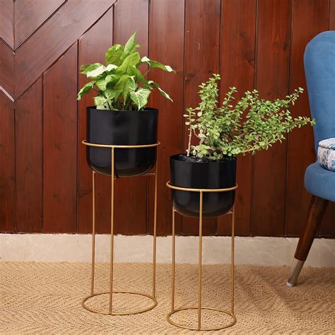 HomeShastra® Allura Black Metal Floor Planters with Stands | 21 Inch ...