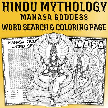 Manasa Goddess Word Search Puzzle & Ancient Hindu Mythology Coloring Page