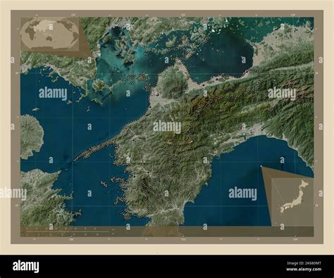 Ehime, prefecture of Japan. High resolution satellite map. Locations of major cities of the ...