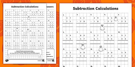 Ghost-Themed Subtraction Calculations Activity Sheet