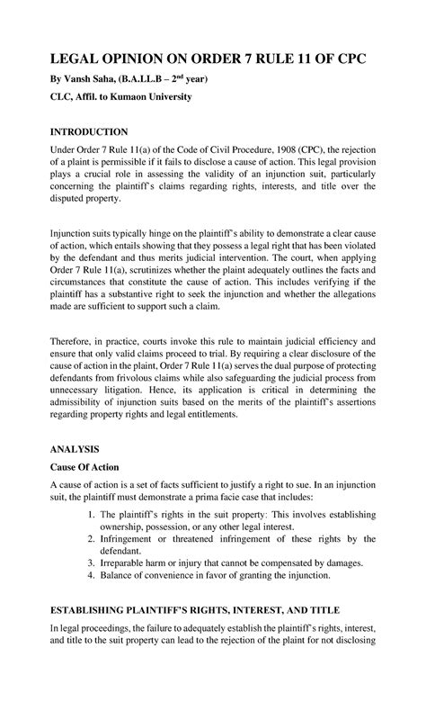 Legal Opinion on Order 7 Rule 11(a) of CPC - B.A.LL.B 2nd Year - Studocu