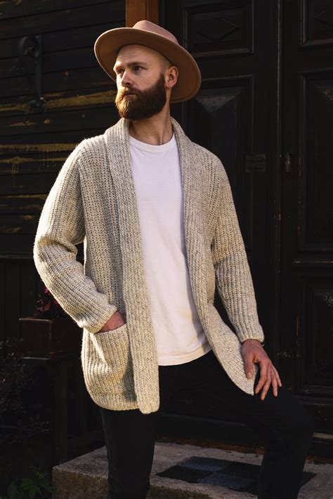 Soft Merino Wool Men's Cardigan, Hand Knitted Woolen Sweater, Open ...