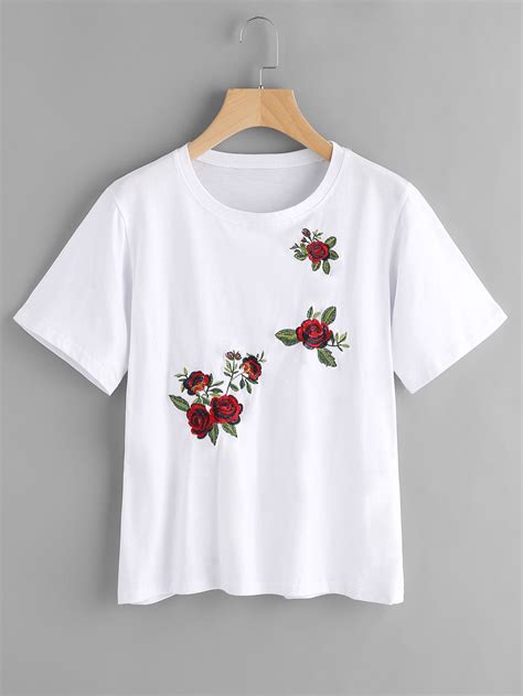 Shop Rose Embroidered Tee online. SheIn offers Rose Embroidered Tee ...