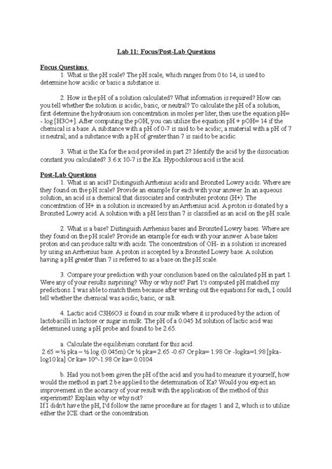 Chem 106 Experiment 11 Focus and Post Lab Questions - Lab 11: Focus ...
