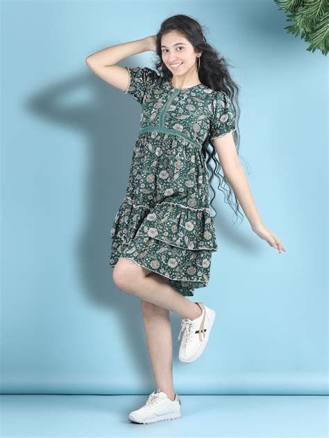Cutiekins Girls Trendy & Stylish Floral Printed Dress -Dark Green & Mu
