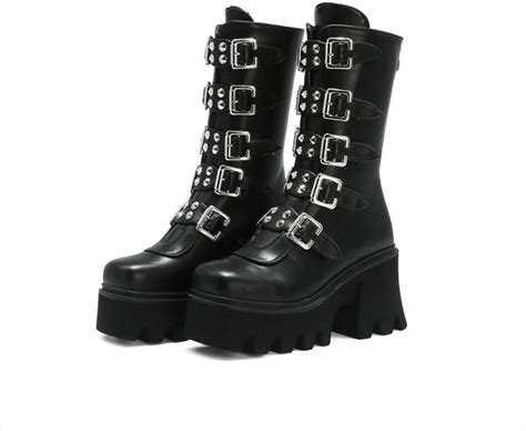 Buy Yolkomo Women's Goth Boots Platform Combat Boots Belt Buckle ...