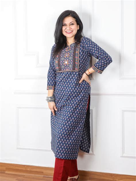 Chaahat Denim Blue Kutch Mirror Neck Work Ajrak Print Cotton Kurti ...