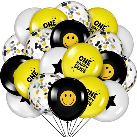 Jenaai 80 Pcs One Happy Dude Balloon Set Black and Yellow Smile Face ...