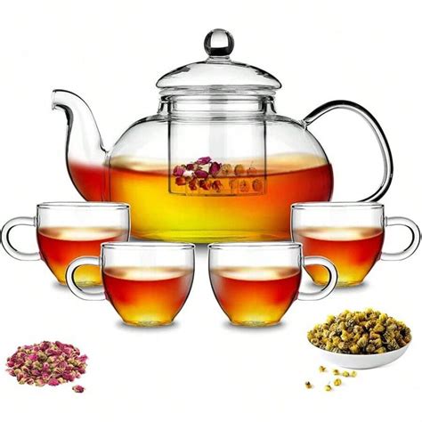 Glass Tea Pot With 4 Tea Cups, Removable Infuser, Blooming And Loose ...