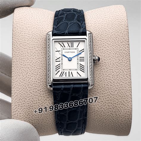 Cartier Tank Louis Diamonds Set Bezel White Dial Blue Strap High ...