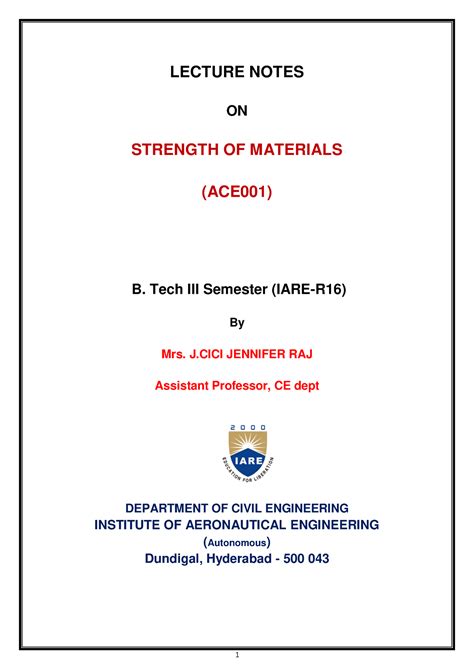 SoM Lecture Notes - LECTURE NOTES ON STRENGTH OF MATERIALS (ACE001) B ...