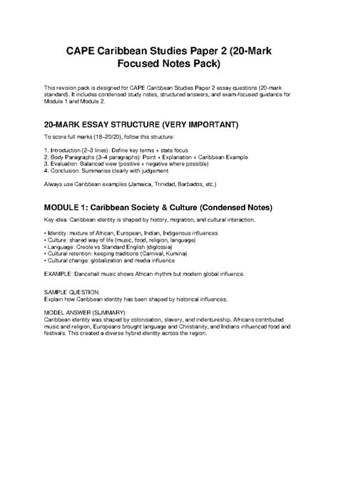 CAPE Caribbean Studies P2 Essay Revision Notes Pack - Studocu