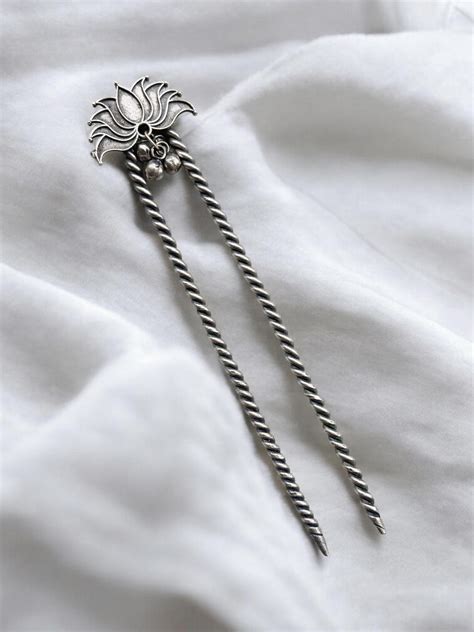 Niloufer Ghungroo Hair Juda Pin – Oxidized Lotus Bun Clip – Preyasi