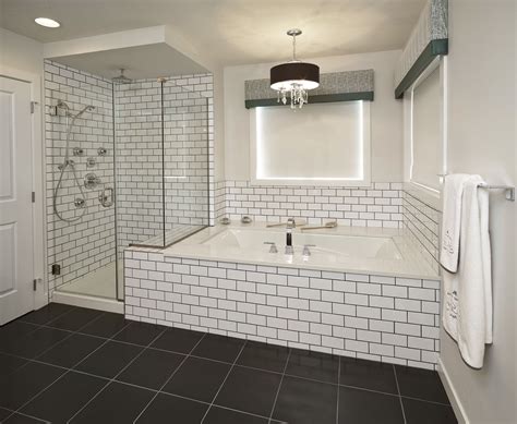 Classic Black Drum Shaded Chandelier above White Bathtub and White ...
